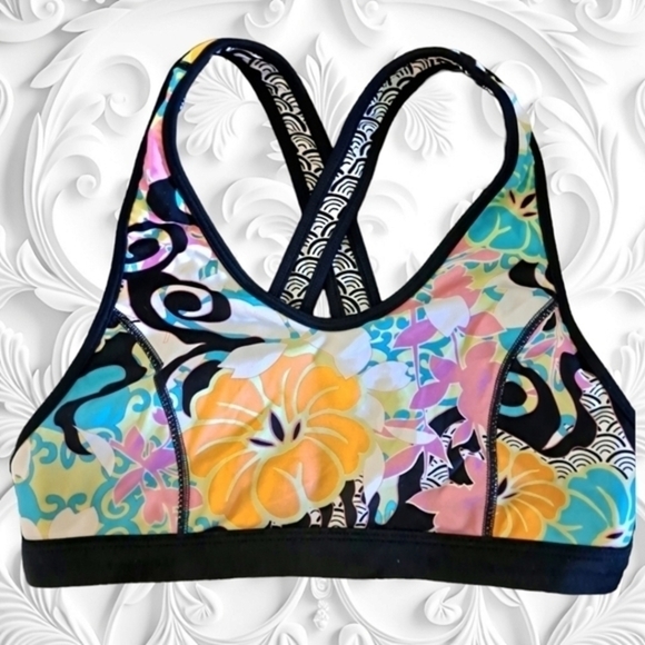 Multi-Colored Floral Crossed Back Straps Sports Bra - Picture 1 of 2